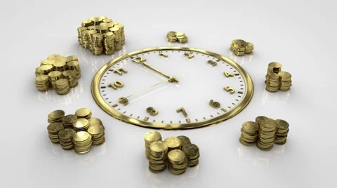 Time Is Money. The second approach 12. Watch and gold coins. Stock-Footage 65164569
