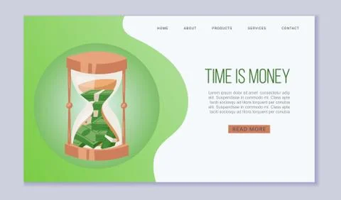 Time is money website vector template. Dollars bank notes in sand clock. Saving Illustrazione stock