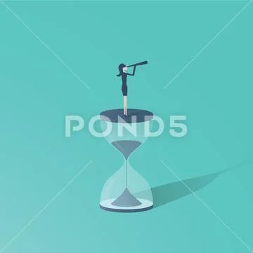 Time is up movement with woman standing on top of sand clock or hourglass with Stock Illustration