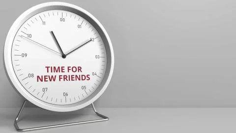 TIME FOR NEW FRIENDS caption on the clock face. Conceptual 3D rendering Stock Illustration