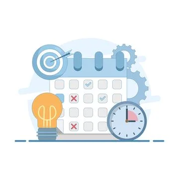 Time Optimization Concept. Calendar with Clock and Target Arrow. Stock Illustration