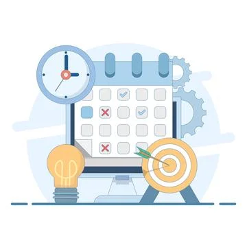 Time Optimization Concept. Calendar with Clock and Target Arrow. Illustrazione stock