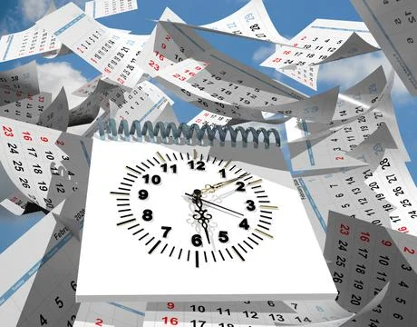 Time pass flying diary pages on the  sky clock time psychology - 3d rendering Illustrazione stock