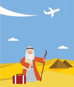 Time for passover  vacation in Hebrew.  moses with torah and suitcase Stock Illustration