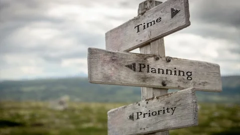Time, planning and priority on wooden road sign outdoors in nature. Video stock 170629796
