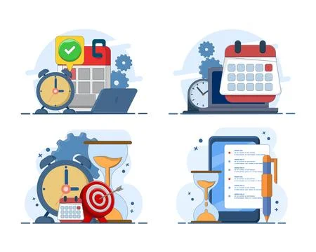 Time planning illustration set featuring schedules, calendars, deadlines. Stock Illustration