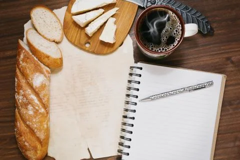 Time planning while coffee break with bread and cheese Stock Photos