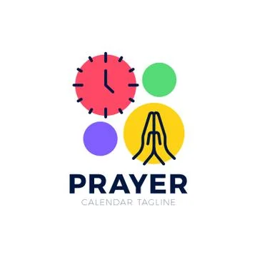 Time to Pray vector logo. Praying Hands Icon with clock. Stock Illustration