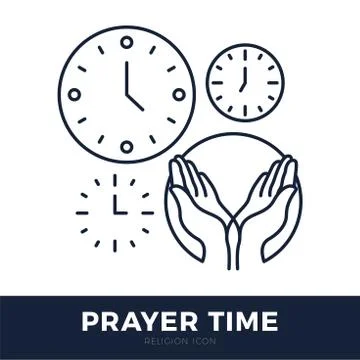 Time to Pray vector logo. Praying Hands Icon with clock. Stock Illustration