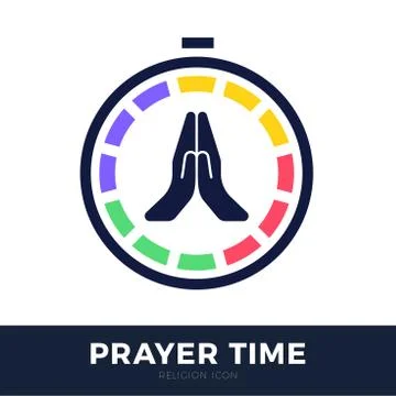 Time to Pray vector logo. Praying Hands Icon with clock. Stock Illustration