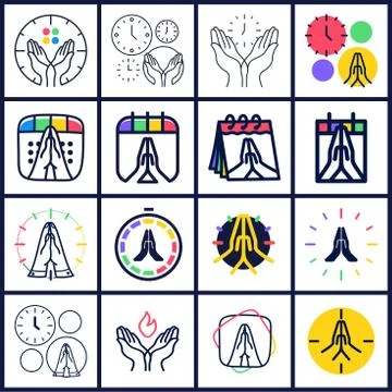 Time to Pray vector logo set. Collectio of Praying Hands Icon with clock or c 스톡 일러스트