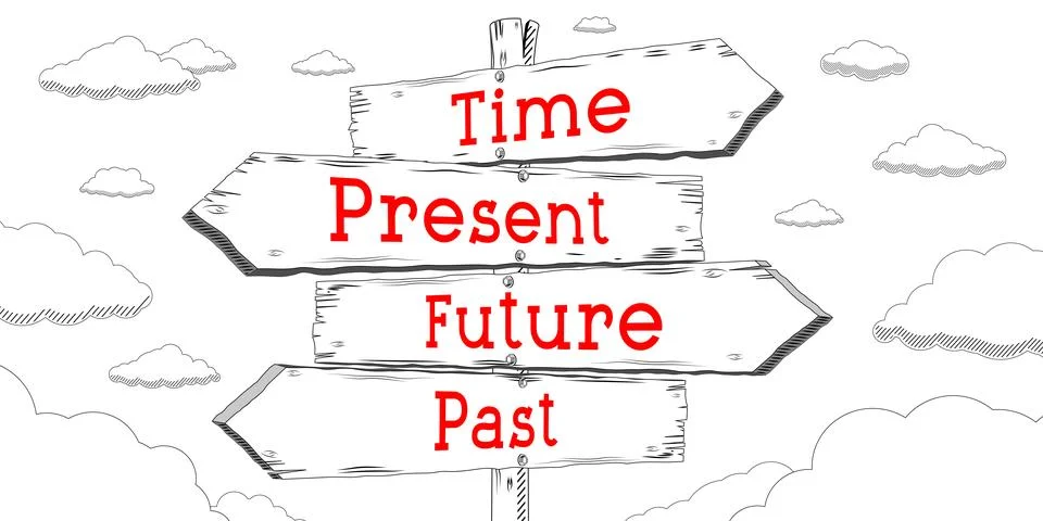 Time, present, future, past - outline signpost with four arrows イラスト素材