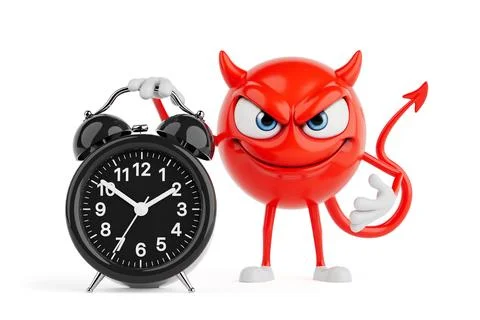 Time Pressure And Deadline Control Concept. Red Evil Cartoon Character Hold.. Stock Illustration