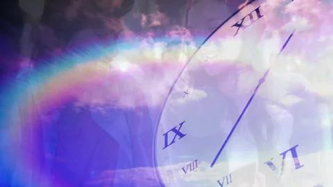 Time progression driving clock face advancing hands over rainbow forest backdrop Stock Footage 313294795