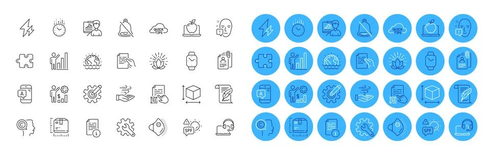 Time, Qr code and Graph chart line icons pack. For web app. Color icon buttons 스톡 일러스트