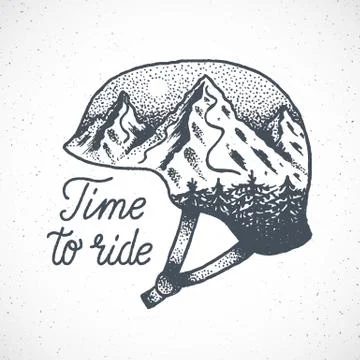 Time to Ride Abstract Vector Hand Drawn Snowboard or Ski Helmet with Mountain Stock Illustration