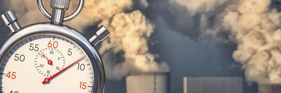 Time is running out. A stop clock with emissions in background in panorama Foto stock
