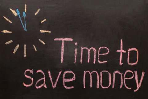 Time to save money - clock with text on black Stock Photos