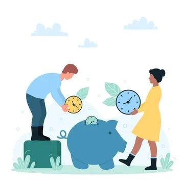 Time saving and control, rich tiny people throw clocks into piggy bank, make Stock Illustration