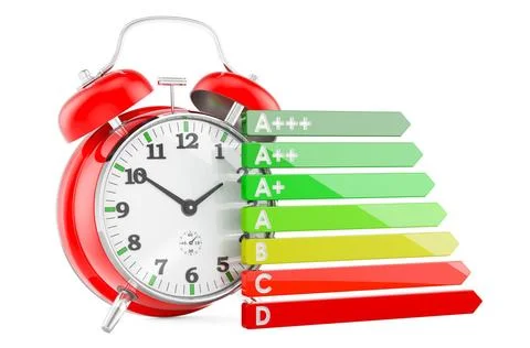 Time saving energy resource concept. Alarm clock with energy efficiency ch... Stock-Fotos