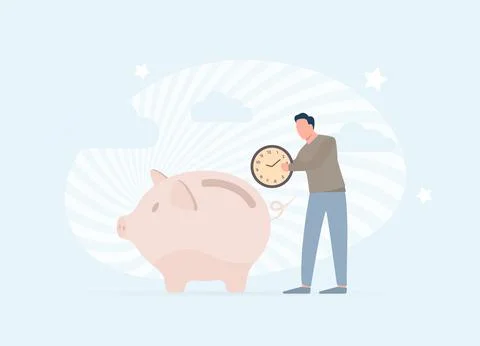 Time saving vector illustration concept with man putting clock face into piggy Stock Illustration