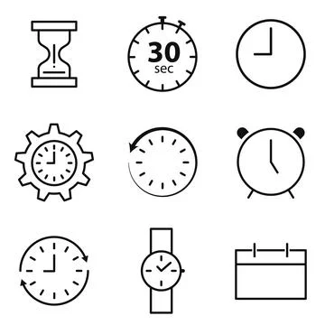 Time set of clock, timer, wrist watch, alarm and calendar various icons Stock Illustration