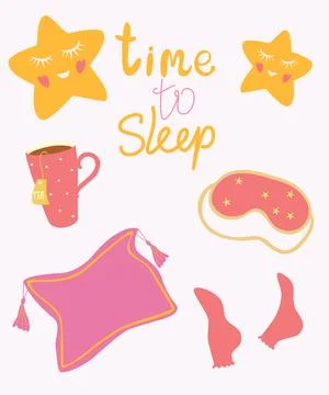 Time to sleep. Items for sleeping. Tea mug, stars, socks, Sleep mask, Pillow. Ilustración de archivo