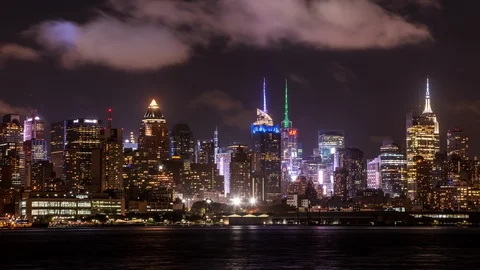Time Square, Manhattan view from New Jersey time lapse at night Stock Footage 119139009