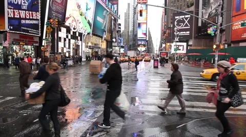 Time Square, New York City, November, Rain, Pedestrians Stock Footage 32959062