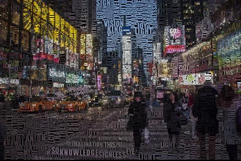 Time square Time square. New York. Image composed entirely of words, text ... Foto stock