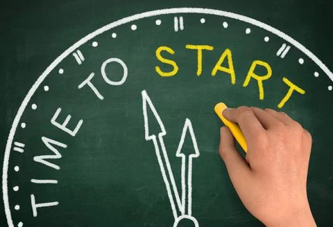 Time to start clock chalkboard write concept 3d illustration Stock Illustration