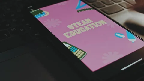 Time to STEAM education graphic presentation on smartphone screen. Education Stock Footage 270495765