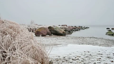 Time stood still on a frosty winter seashore. Cold and calm. Stock Footage 235657853