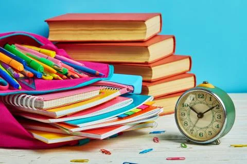 Time for study. The composition is made up of books, watches and a briefcase 스톡 사진