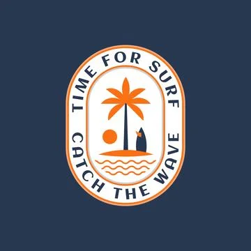 Time to surf to the beach. Catch the wave. Modern color design sticker print. Stock Illustration