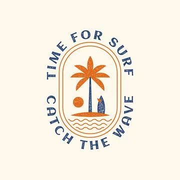 Time to surf to the beach. Catch the wave. Modern color design sticker print. Stock Illustration
