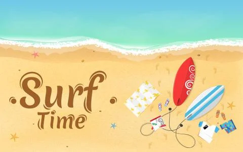 Time for surfing. On the beach are things, a surfboard and accessories. Summe Stock Illustration