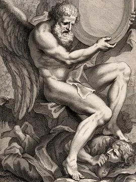 Time trampling on Envy. Etching after C. Maratta. Stock Illustration