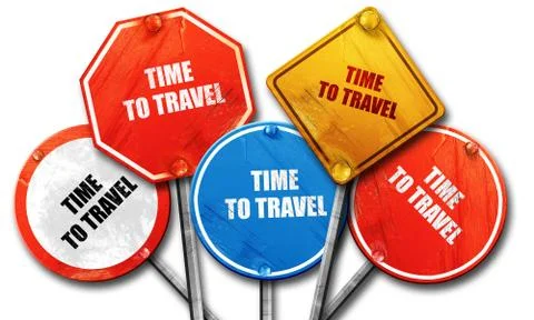 Time to travel, 3D rendering, rough street sign collection Illustrazione stock