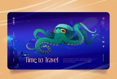 Time to travel banner with octopus underwater Stock Illustration