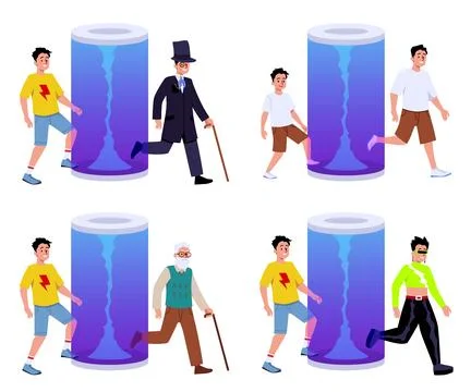 Time travel character transformation vector set Illustrazione stock