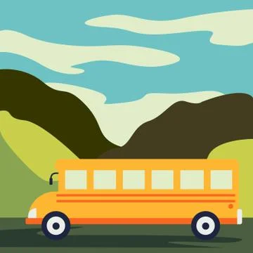 Time to travel. Flat vector yellow bus goes on the highway in the desert Stock Illustration