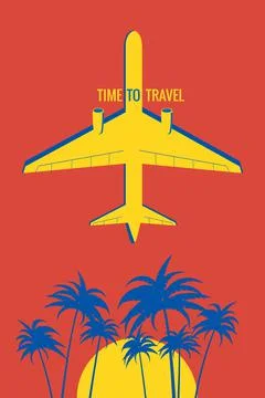 Time to Travel Poster Plane in the sky, take-off, palms, suncet. Vintage Summer Stock Illustration