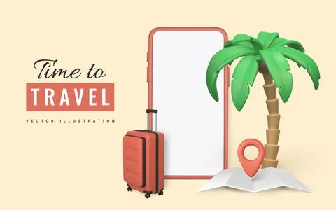 Time to travel promo banner design. Summer 3d realistic render vector objects Stock Illustration