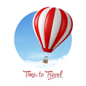 Time to Travel. Vector Banner with 3d Realistic Hot Air Balloon Icon on a Blue Stock Illustration