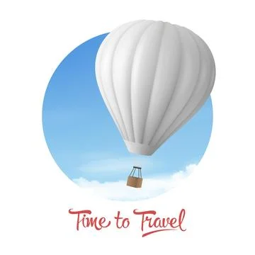 Time to Travel. Vector Banner with 3d Realistic Hot Air Balloon Icon on a Blue Stock Illustration