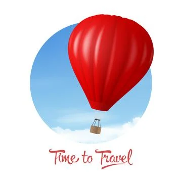 Time to Travel. Vector Banner with 3d Realistic Hot Air Balloon Icon on a Blue 스톡 일러스트