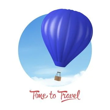Time to Travel. Vector Banner with 3d Realistic Hot Air Balloon Icon on a Blue Illustrazione stock