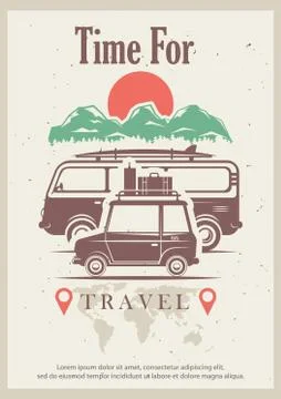 Time for travel vector retro grunge poster design template Stock Illustration