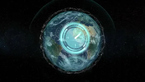 Time-triggered clock overlay advancing around Earth globe visualizing network Stock-Footage 312758521
